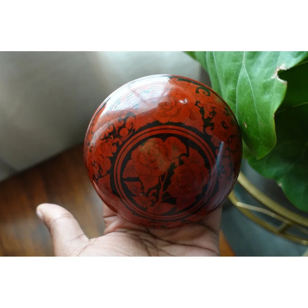 Vintage Red Lacquerware Trinket Box Round Lidded Jewelry‎ Storage Container